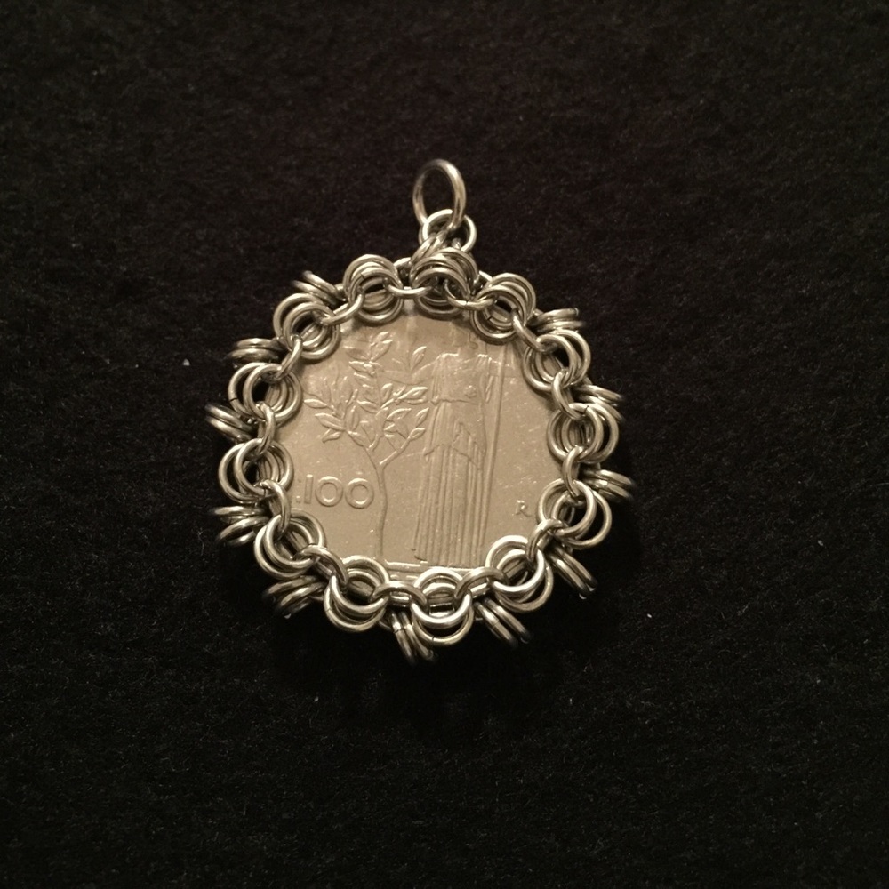 Silver Lire Coin Pendant with Chainmail Bezel